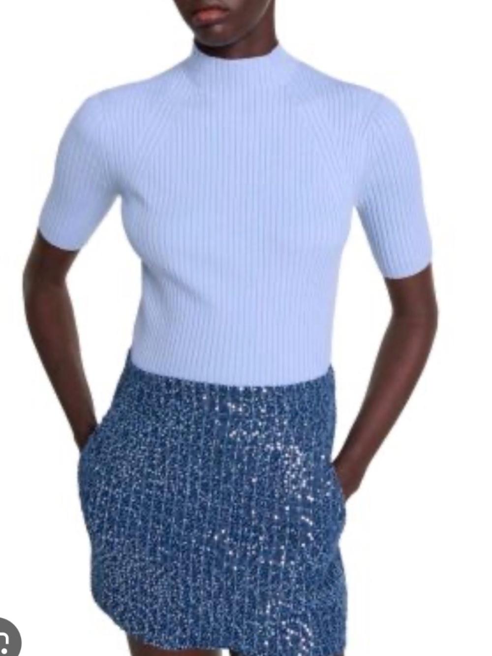 Maje Maude Rib Knit Short Sleeve Top -sz FR 3/US L - Light Blue